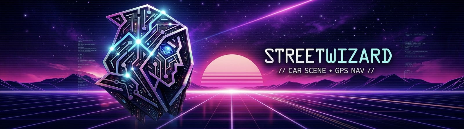 StreetWizard — cybernetic wizard head over a synthwave sunset grid
